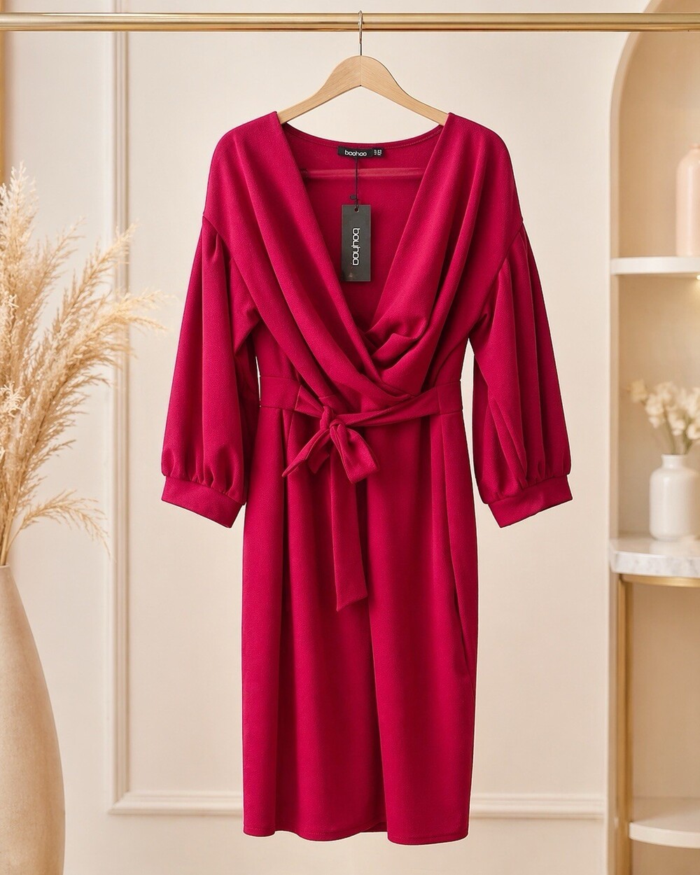 boohoo Womens Size 18 Pink Off Shoulder Wrap Midi Dress Tie Waist NWT